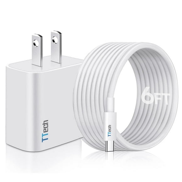 TTECH Super Fast Charger 20W USB-C PD Wall Adapter Plug Brick + 6FT Fast Charging Cable compatible with iPhone 14, 13, 12, 11 Pro Max Mini, X, XR, SE, 8, 7, 6 Plus