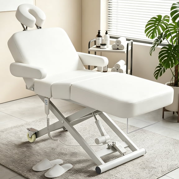 TTGIEET 3-Motor Fully Electric Massage Table, Professional Esthetician Bed with Foot Pedal & Remote Control, Height Adjustable Facial Bed with Face Cradle, Rolling Wheels, 550 lbs Capacity, White