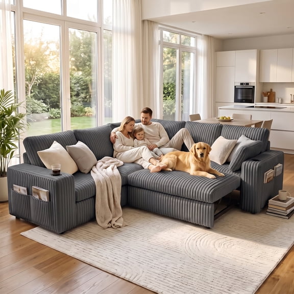 TTGIEET 5-Seater L-Shaped Reversible Sleeper Sofa with Storage Chaise, Sectional Pull-Out Sofa Bed, Dark Gray Corduroy