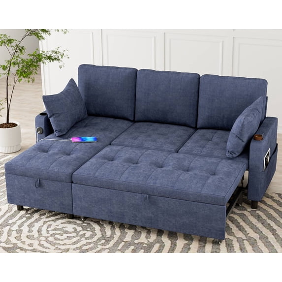TTGIEET 84 Inch Pull Out Sofa Bed with 2 USB Port & Cup Holders, L-Shaped Sofa Couch with Storage Chaise, Tufted Convertible Sleeper Sofa for Living Room, Blue