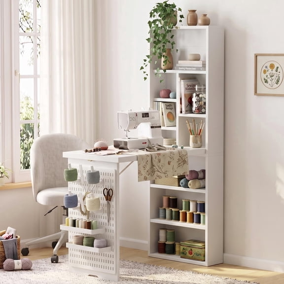 TTGIEET Foldable Sewing Table with Open Side Shelves, 3 Storage Trays& 6 Pegs, Wall-Mount Craft Station & Side Desk for Hobby & Home, White