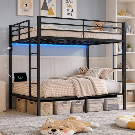 TTGIEET Full Metal Bunk Bed Frame w/ LED & USB Ports, Dual Guardrails, 2 Ladders, Heavy-Duty, Black