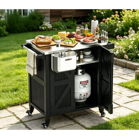 TTGIEET Outdoor Grill Cart with Storage Cabinet, Portable BBQ Prep Station Table Stainless Steel Top, Black with Spice Rack & Waterproof Cover