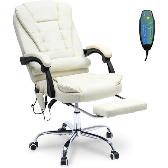 TTGIEET Reclining Office Chair with Massage, Ergonomic Office Chair w/Foot Rest, PU Leather Executive Computer Chair w/Heated, Padded Armrest, High Back Swivel Recliner for Office Home Study (White)