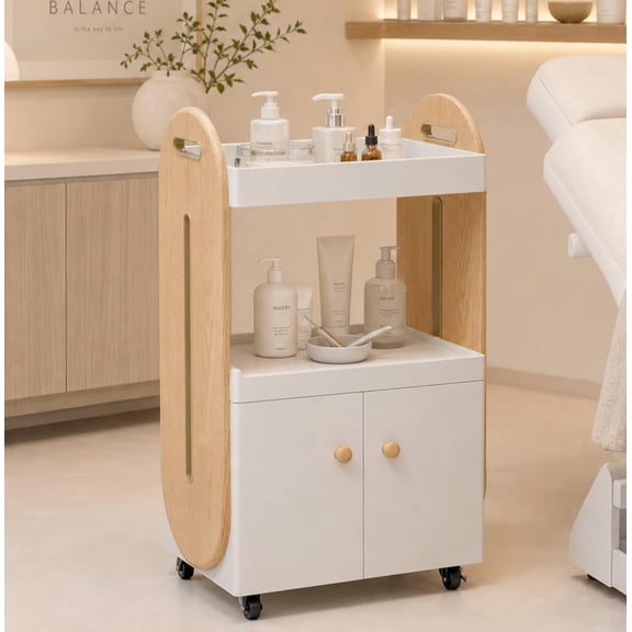 TTGIEET Salon Trolley Cart with Lockable Rolling Wheels, Esthetician Cart with Open Storage Shelves& Cabinet for Beauty Salon, White