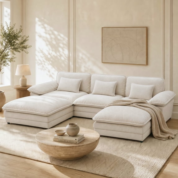 TTGIEET U-Shaped Sectional Sofa, 3-Seat Cloud Couch with 2 Reversible Ottomans, Oversized Chenille Sofa for Living Room, Beige