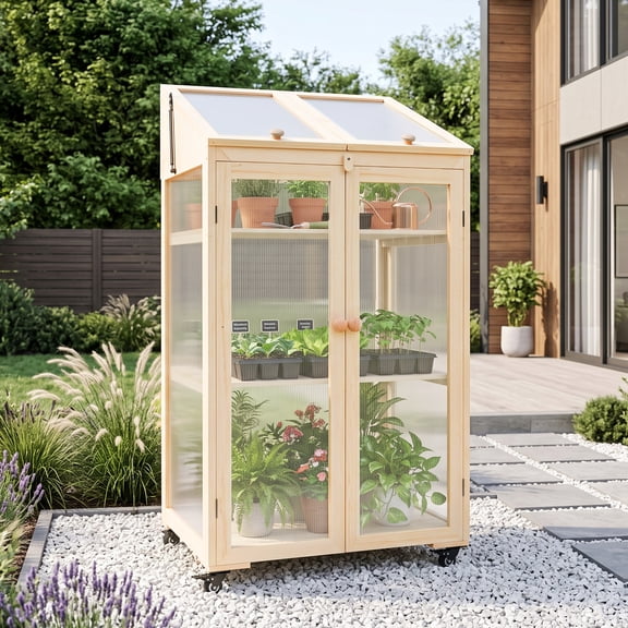 TTGIEET Wooden Cold Frame Greenhouse with Wheels 3‑Tier Flower Planter Shelf, Dual Independently Openable Flip‑Top Lid for Balcony Patio Indoor Outdoor