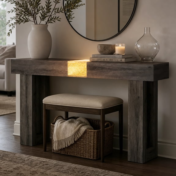 TTGIEET Wooden Console Table with Light, 60-Inch Farmhouse Entryway Table for Entrance, Sofa Table Behind Couch for Living Room , Senior Grey