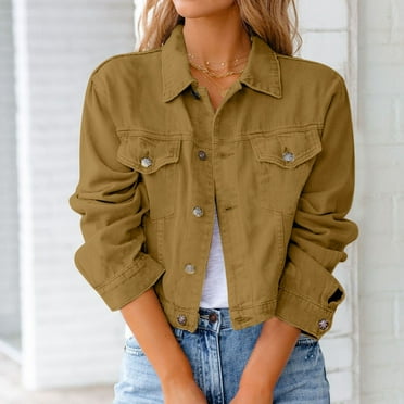 TTHXQING Pink Denim Jacket Women Long Sleeve Button Down Jeans Jacket Fall Plus Size Shacket Puff Sleeve Denim Jacket Women