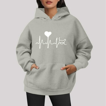 TTHXQING Womens Sweatshirt Fall Essentials Teen Letter Print Graphic Loose Drawstring Plus Size Outdoor Hoodie Y2K Cotton Fit Sweater Fashion Clearance Clothing Light Gray S