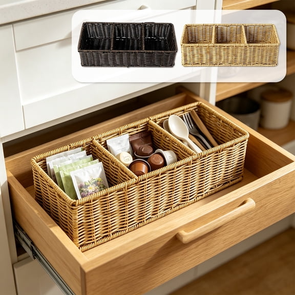 TTJ 3 Compartment Plastic Storage Basket, Divided Drawer Organizer for Kitchen Cabinet