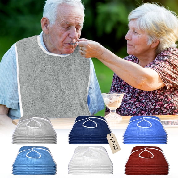 TTJ 5-Pack Adult Adjustable Waterproof Feeding Bib With Pocket Reusable Stain Resistant Mealtime Aprons For Seniors Elderly Disabled Care Durable Nursing Bibs