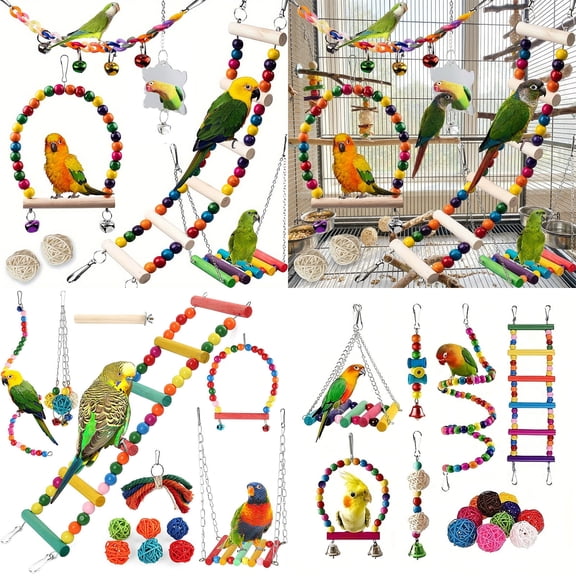 TTJ Bird Toys for Parrots Parakeet Toys Toys for Cage Birds Chew Toys Set with Swings Blocks Colorful Bells and Ladders Natural Safe Birds Cage Accessories for Small Medium Birds