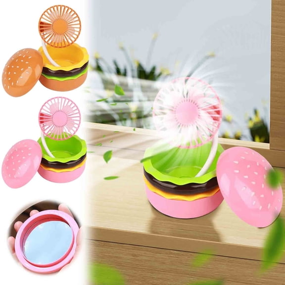 TTJ Camping Fan Portable Fan Rechargeable USB Burger Mini Fan with Beauty Mirror Portable Mini Handheld Fan As A Gift