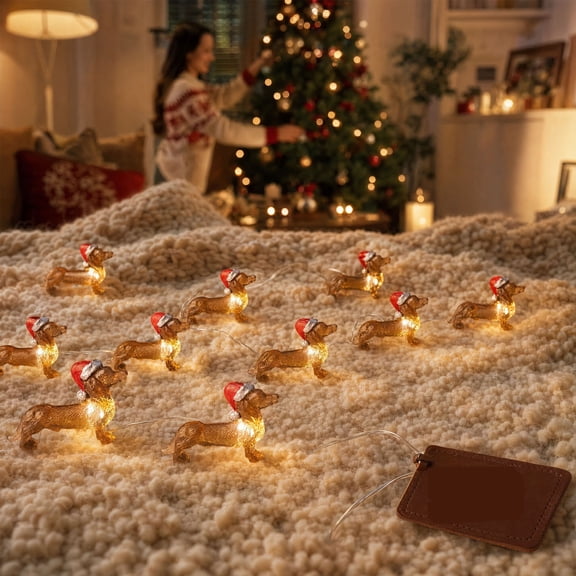 TTJ Christmas Dachshund String Lights, Dog Figurine with Santa Hat for Holiday Decor