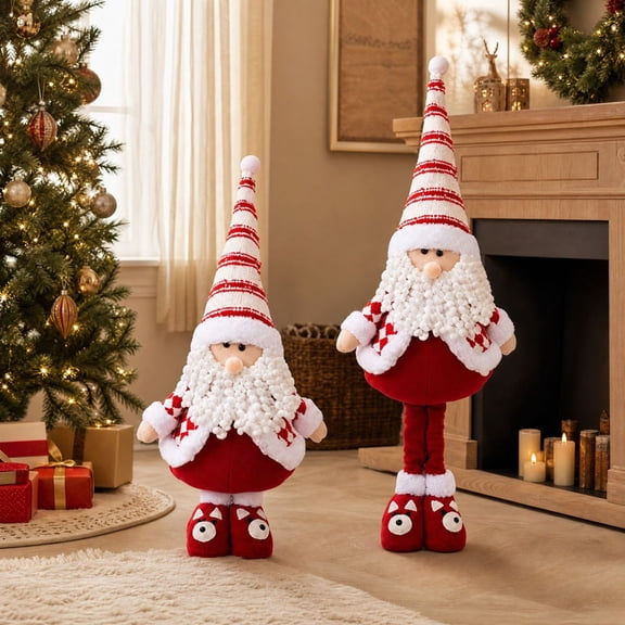 TTJ Christmas Retractable Standing Figurine,Adjustable Legs Fabric Santa Claus Ornament,Perfect for Fireplace Shelf Window Home Holiday Decoration & Holiday Gift(A)