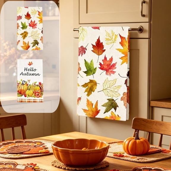 TTJ Fall Harvest Cotton Absorbent Terry Kitchen Towels With Pumpkin Maple Print, 16x28 Inch Decorative Dish Cloth, Soft Seasonal Accessory For Thanksgiving Farmhouse Dining Kitchen Decor
