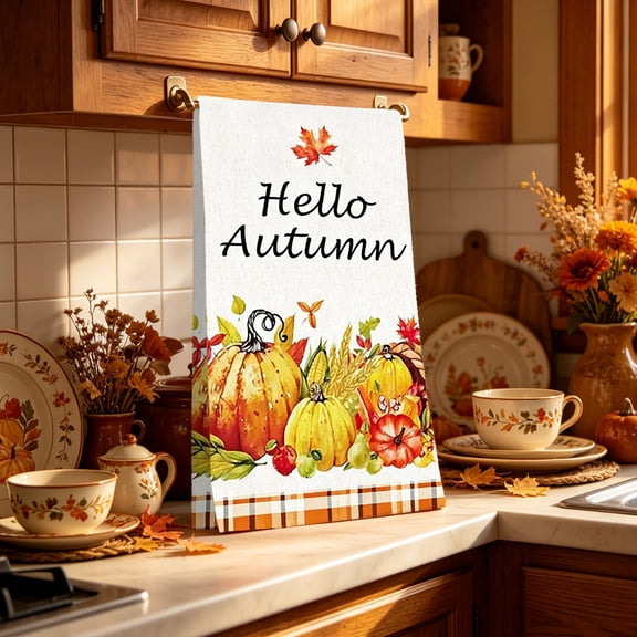 TTJ Fall Harvest Cotton Absorbent Terry Kitchen Towels With Pumpkin Maple Print, 16x28 Inch Decorative Dish Cloth, Soft Seasonal Accessory For Thanksgiving Farmhouse Dining Kitchen Decor