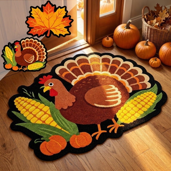 TTJ Fall Pumpkin Maple Leaf Irregular Shaped Floor Mat, 45 X 60 Inch Non Slip Absorbent Entrance Rug Seasonal Foot Carpet For Bathroom Kitchen Porch Front Door Halloween Thanksgiving Home Decor