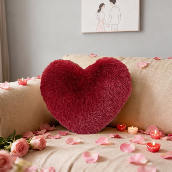TTJ Faux Fur Heart-Shaped Long-Hair Plush Bolster Pillow Luxury Decorative Sofa Waist Cushion High-End Wedding Gift Soft Romantic Accent Pillow For Bedroom