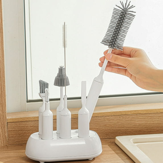 TTJ Gifts 6 Piece Bottle Brush Set with Storage Rack Assorted Sizes Cleaning Brushes for Bottles Flasks Straws Baby Bottles Thermos Coffee Cup Cleaning Kit, Bottle Brushes, Cleaning Set
