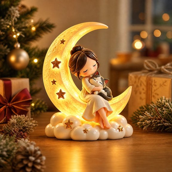TTJ Girl Cat Night Light, Resin Sleeping Girl On Glowing Crescent Moon With Cloud And Star Details, Warm LED Tabletop Lamp For Bedroom, Nightstand, Shelf And Home Decor