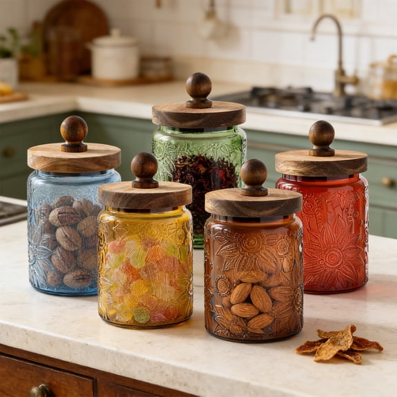 TTJ Glass Jars 700ml Colored Glass Storage Jar with Lid Kitchen Canister for Snacks Tea Coffee Sugar Airtight Food Container Reusable Countertop Pantry Organizer for Household Storage Use