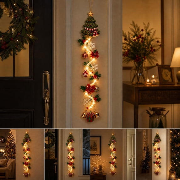 TTJ Glowing Christmas Door Hanger, Lighted Christmas Tree Door Hanging with Warm LED Lights, 3D Holiday Decoration for Front Door Wall Porch Entryway Fireplace