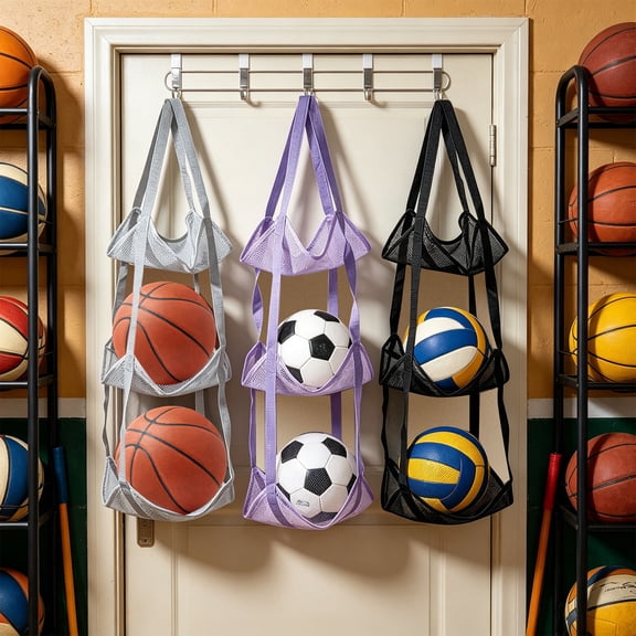 TTJ Hanging Ball Storage Bag Wall-Mounted Sports Organizer Over-The-Door Soccer Basketball Ball Holder Breathable Mesh Storage For Garage Gym Playroom Home