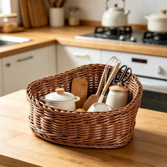 TTJ Heart-Shaped Imitation Rattan Woven Basket Fruit Candy Bread Snack Storage Decorative Tabletop Organizer Handled Kitchen Countertop Basket Home Decor Gift Idea
