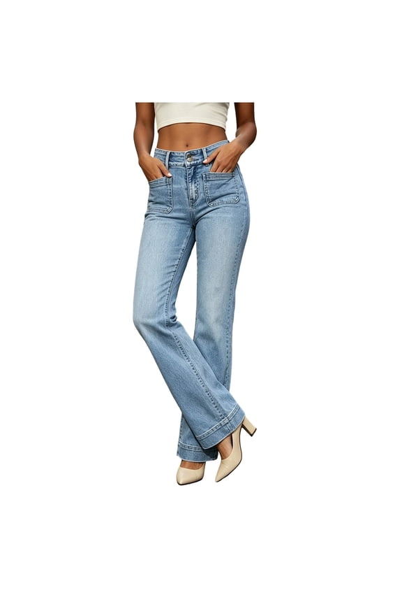 High Waist Straight Leg Button Fly Denim Jeans For Women, Deep Functional Hip Pockets Soft Comfort Stretch Jean Material, Relax Fit Daily Walking Street Fashion Long Trousers White S