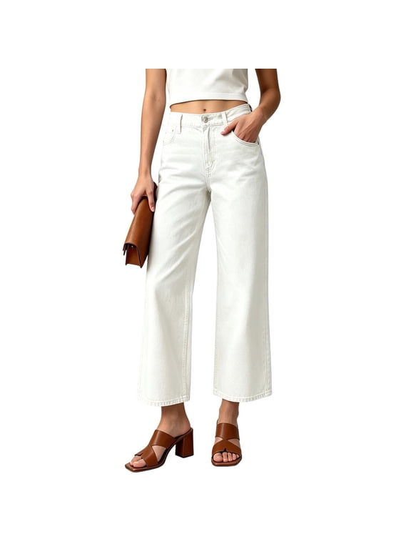 High Waist Straight Leg Solid Denim Long Jeans For Women, Deep Functional Hip Storage Pockets Soft Stretch Comfort Jean, Relax Fit All Season Daily Commute Street Fashion Bottoms White S