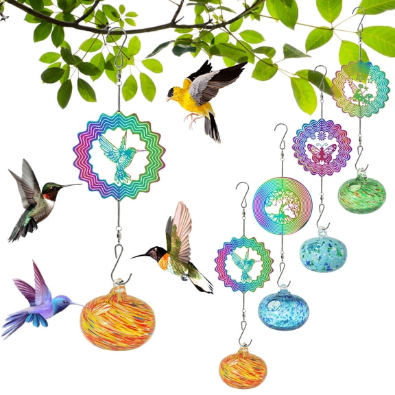 TTJ Hummingbird Feeders for Outdoors Humming Bird Feeders for Outdoors Painted Hummingbird Shaped Feeder Wind Chime Outdoor Pendant Sunlight Refractor