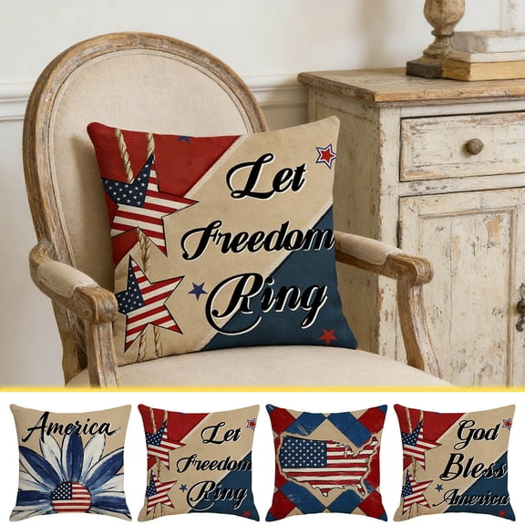TTJ Independence Day Linen Throw Pillow Cover 17.7 x 17.7 In High-Definition Printed Removable Zipper Square Cushion Sham Flag Floral Accent For Sofa Bed Porch Car And 4th Of July Home Decor