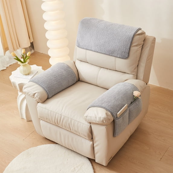 TTJ Lambskin Armrest Cover With Storage Bag Plush Non Slip Recliner Protector Shearling Sofa Arm Rest Cover Washable Dustproof Oversized Universal Fit Home Decor