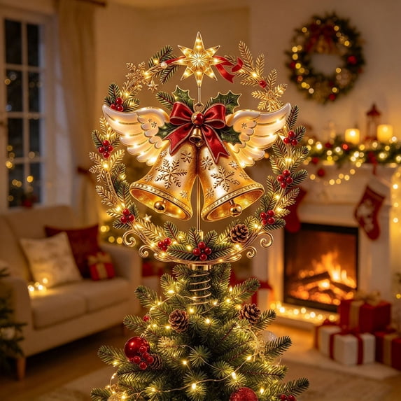 TTJ Lighted Christmas Tree Topper, 7.87 Inch Gold Double Bells with Angel Wings, Red Bow and Star, Warm LED Illuminated Wreath Design, Spring Base Holiday Tree Decoration(F)