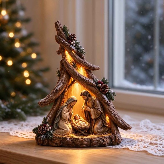 TTJ Lighted Nativity Scene Figurine, Christmas Tree Shaped Holy Family Resin Ornament With Warm LED Light, Religious Tabletop Decor For Mantel, Shelf, Living Room And Home (B)