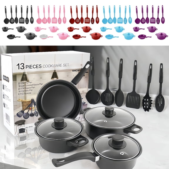 TTJ Nonstick Frying Pan Nonstick Pan Thirteen Piece Cookware Set Soup Pot Milk Pan Frying Pan Non-Stick Spatula Set Maifan Sto are Multi-Piece Set