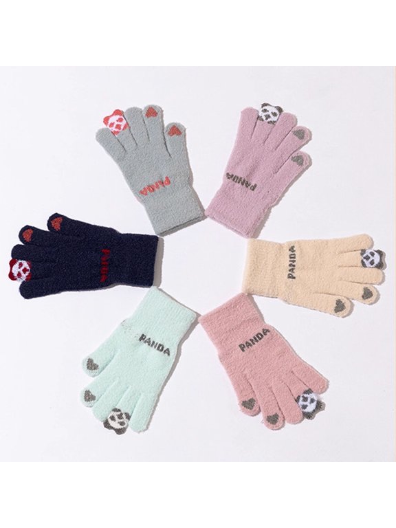 Panda Fleece Lined Winter Gloves Unisex Touchscreen Warm Knit Mittens Cute Cartoon Thick Thermal Cycling Driving Windproof Cold Weather Outdoor Gloves