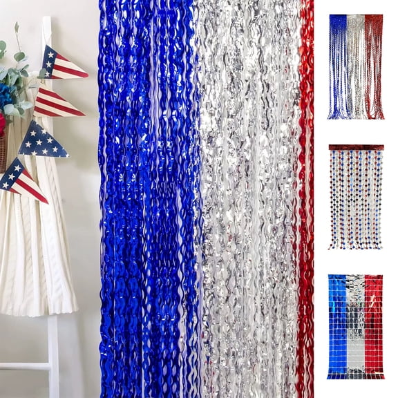 TTJ Patriotic Metallic Rain Curtain Streamer Panel Shiny Tinsel Backdrop For Party Photo Booth Stage And Ceiling Decorations Long Festival Fringe For Porch Event Independence Day 4th Of July