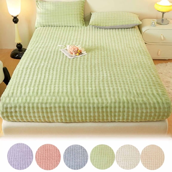 TTJ Plush Fitted Bed Sheet 71x79 in Thick Velvet Mattress Protector Non Slip Padded Bed Cover Single Piece Quilted Plush Warm Winter Mattress Sheet, Fitted Sheet