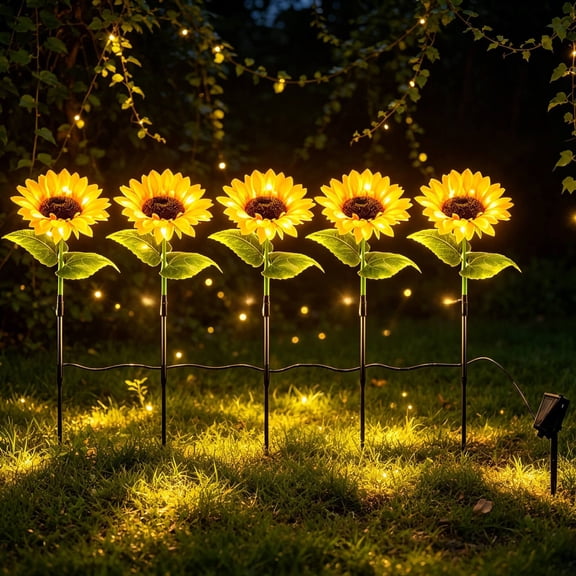 TTJ Solar Lights Outdoor Decorative Solar Sunflower Lights 5 Pack Outdoor LED Garden Decor Solar-Powered Waterproof Lights with Auto for Patio Yard Walkway Wedding Party Decoration Warm White