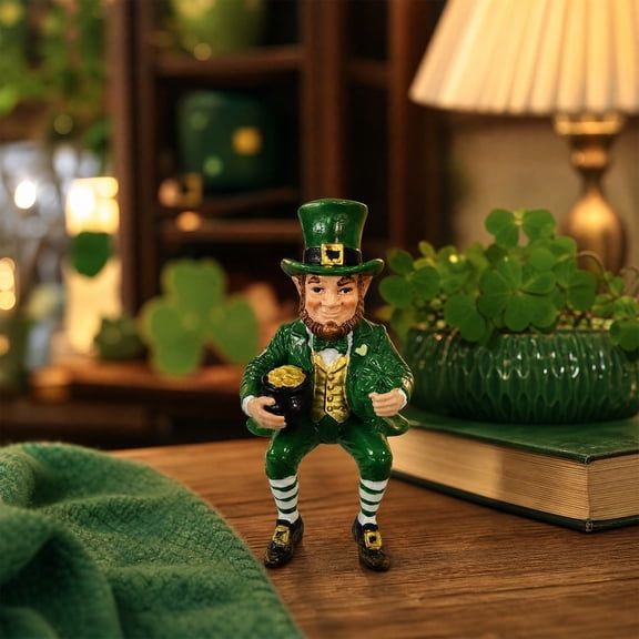 TTJ St Patricks Day Leprechaun Figurine, Sitting Gnome with Gold Pot for Tabletop Decor