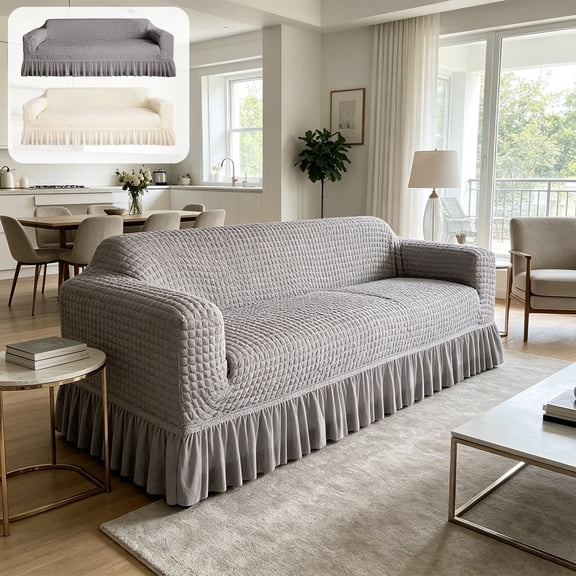 TTJ Stretchy Textured Sofa Cover With Ruffled Skirt Universal Polyester Couch Slipcover Elastic Stretch Protector Ruffled Skirt Modern Living Room Furniture Guard Machine Washable
