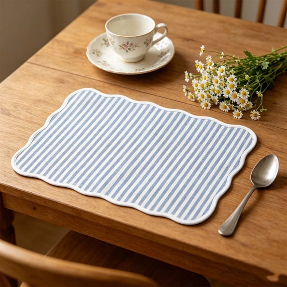 TTJ Striped Cotton Scallop Table Mat 20 x 14 in., Reusable Placemat for Dining Table, Kitchen Counter, Modern Farmhouse Table Setting and Home Decor Accent