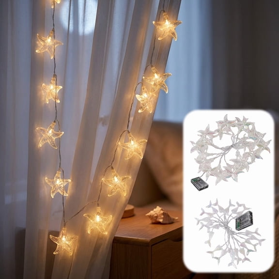 TTJ Summer Ocean-Themed LED String Lights Starfish Shell Fairy Lights Two Styles Battery-Operated Warm White Decorative Patio Bedroom Party Beach-Themed Holiday Home Decor Lighting