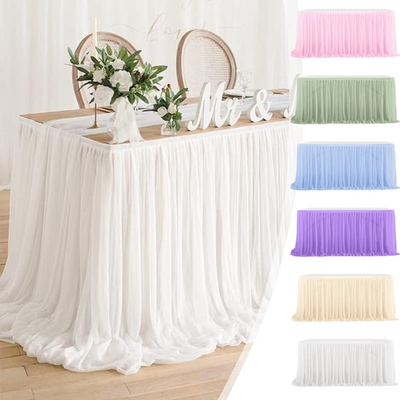 TTJ Table Skirt White Tulles Table Skirt Recyclable Extra Long Transparent Tablecloth Ruffled Tulles Table Skirt Suitable for Wedding Birthday Banquet Table Decoration