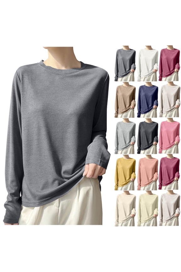Thin Solid Crew Neck Long Sleeve Knit Pullover For Women, Soft Lightweight Basic Base Layer Sweater, Simple Versatile Fashion Layering Top For Autumn Winter Daily Casual Styling Silver M
