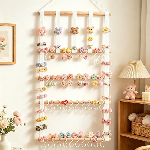 TTJ Three-Tier Hanging Hair Bow Organizer With Wooden Dowels And Hooks Polyester Ribbon Storage Wall Display For Bows Clips Headbands Practical Nursery Room Accessory