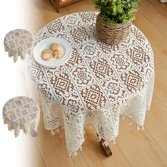 TTJ Vintage Crochet Tablecloth Lace Beige Round Dining Table Cover Hand Knit Texture Washable Rustic Boho Table Mat Elegant Wedding Party Centerpiece Home Decor